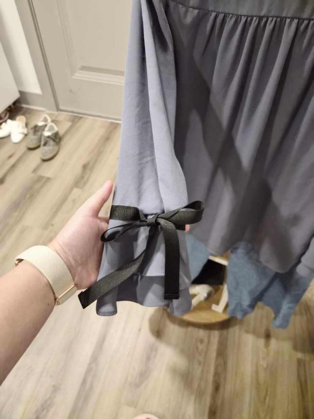 By Bomi Dusty Blue Tie-Neck Blouse with Black Ribbon Cuffs - Picture 4 of 5